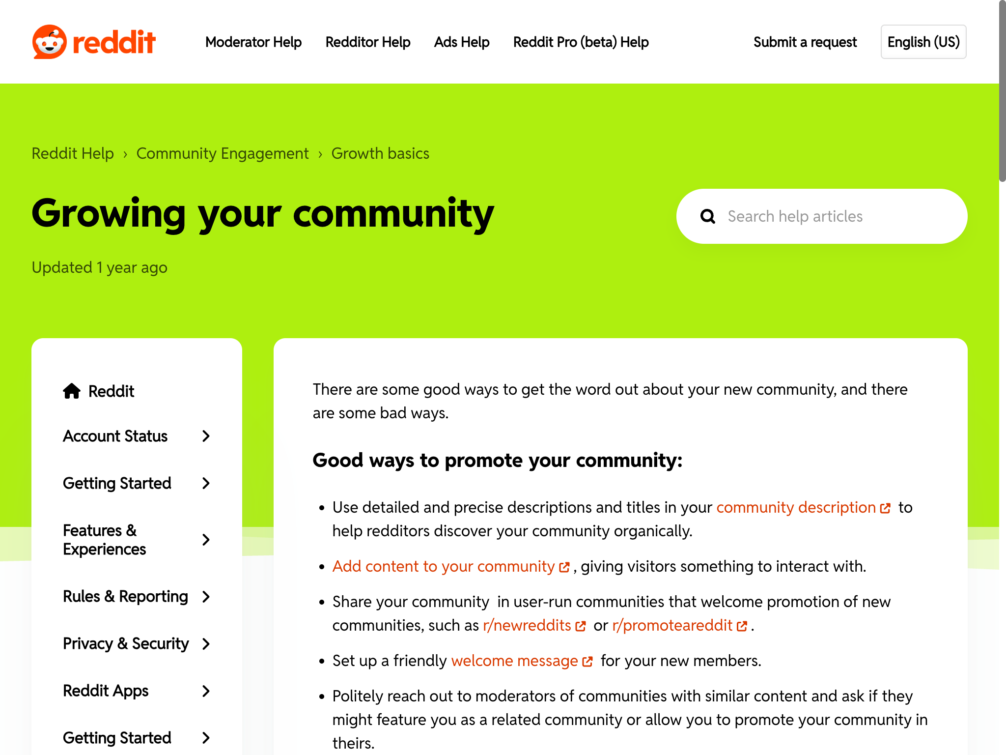 Reddit Help Center guide on growing your community with consistent content