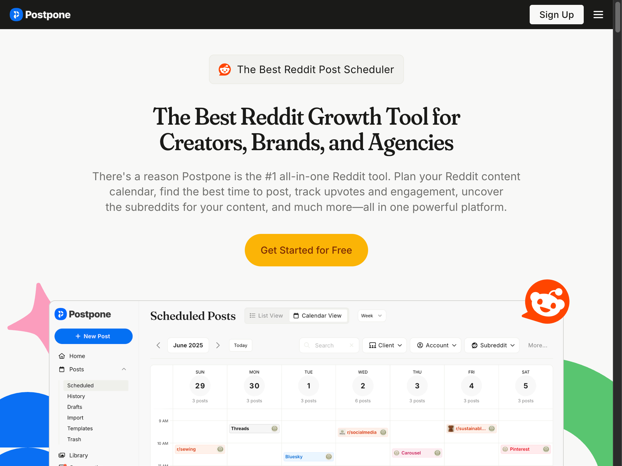 Postpone Reddit post scheduler showing calendar-based content planning interface